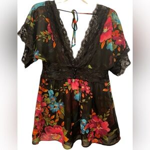 Vintage Forever 21 XX1 Sheer Floral Lace V-Neck Blouse, Black Multicolored, Sz M